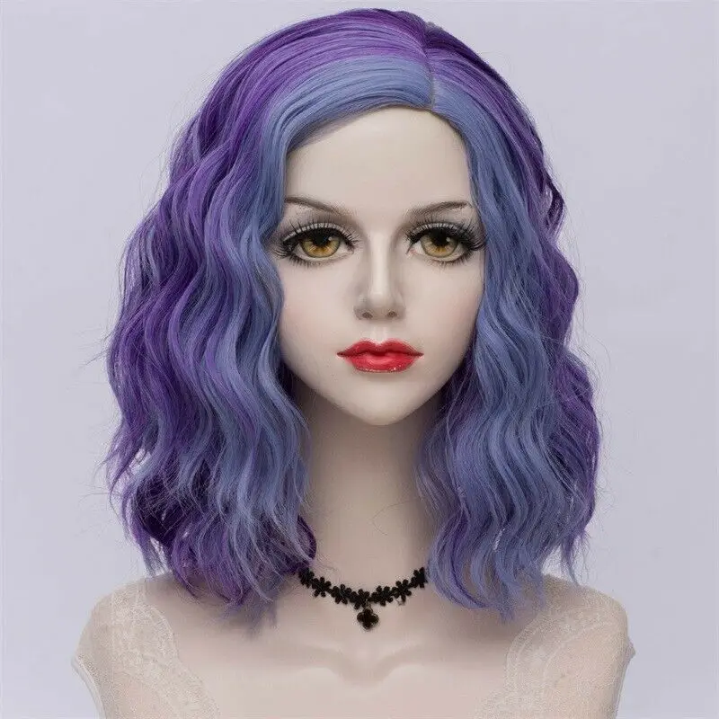 blue purple wig 27 стиль радуги многоцветные Хэллоуин 35 см вьющиеся синтетические парик Лолита Средний Омбре вечерние Косплей - Цвет: blue purple wig