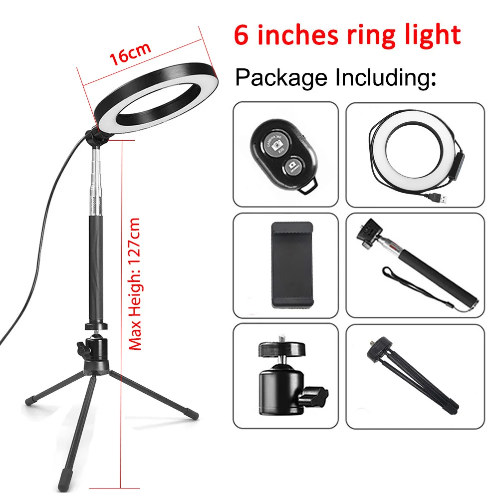 6 light 127 tripod Capsaver 6 дюймов 20 см 26 см светодиодный светильник для селфи кольцевые лампы с регулируемой яркостью для макияжа кольцевая лампа USB кольцо с фотографией светильник для видео Youtube Live - Цвет: 6 light 127 tripod