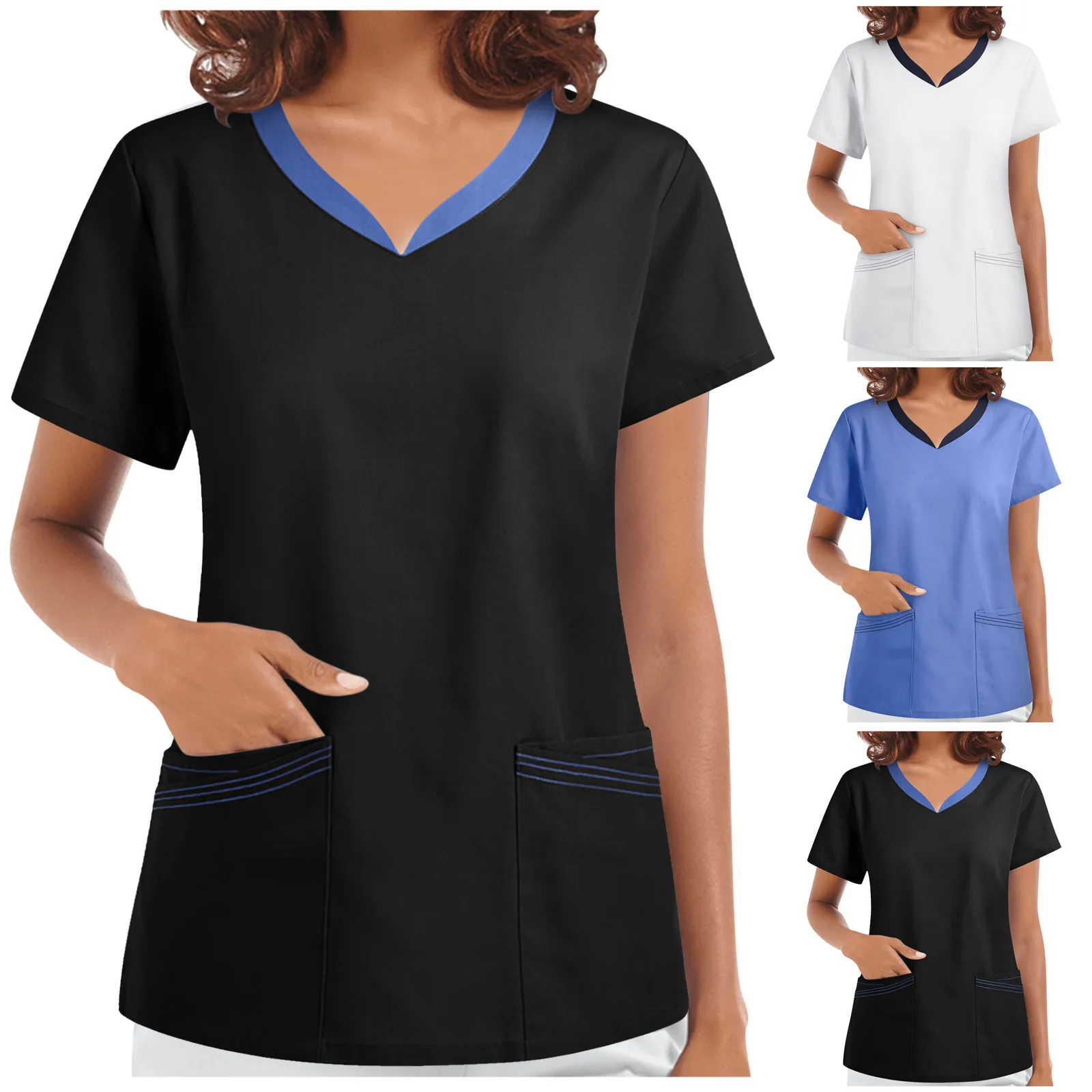 

Новая униформа медсестры женская с V-образным вырезом однотонная медицинская Униформа с короткими рукавами и карманами Летняя мода размера...