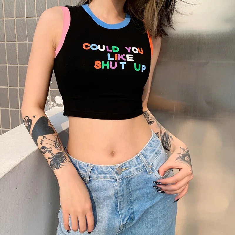 

Tank Tops Harajuku Crew Neck Letter Print Sleeveless Sexy Backless Shoulder Strap Type Sling Vest Casual Summer Fashion Women