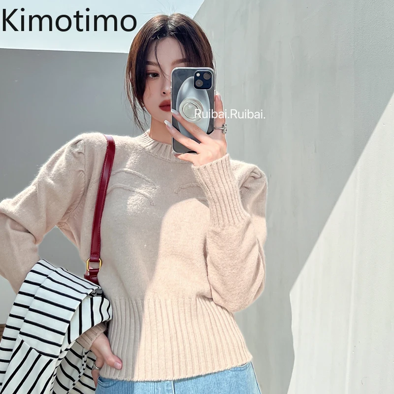 

Женский свитер Kimotimo, Осень-зима 2021, новый темпераментный пуловер с высокой талией, корейские шикарные однотонные вязаные топы с длинным рук...