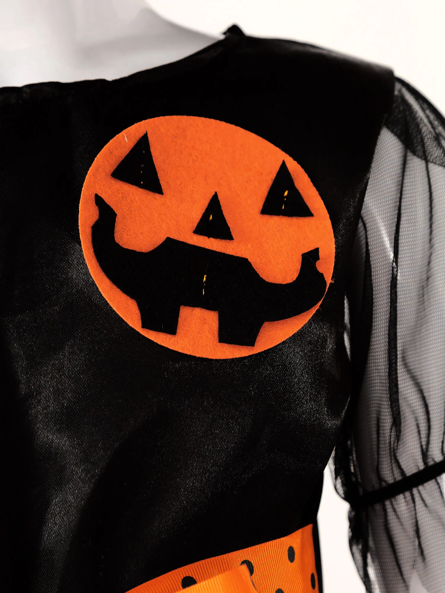 Vestido de Cosplay de bruja de Halloween para ni&ntilde;os y ni&ntilde;as, traje de juego de rol con aplicaci&oacute;n de calabaza, malla con varita m&aacute;gica y sombreros, color negro y naranja-4