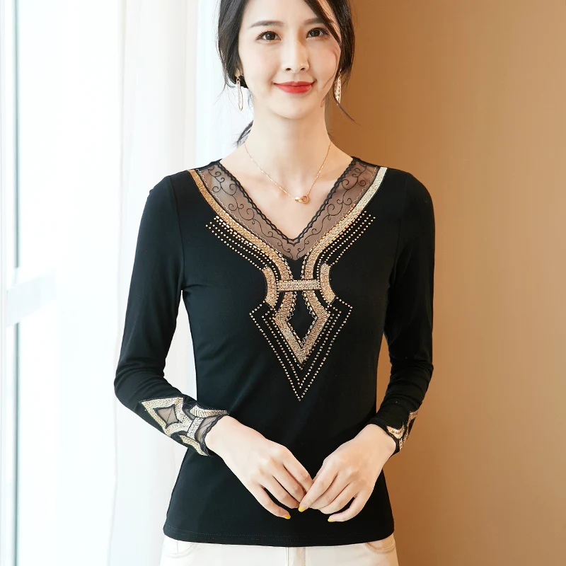 

Women's t-shirt New 2020 Spring Autumn long sleeve mesh tops Fashion Embroidered diamond female tshirt M-4XL plus size shirt