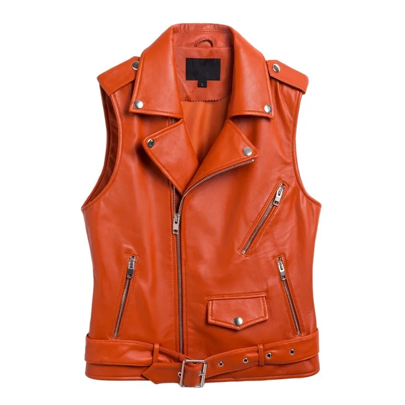 Жилет женский короткий из натуральной кожи мотоциклетная куртка без рукавов