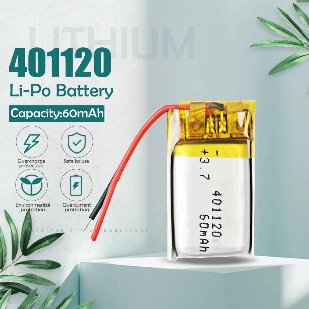 Литий-полимерная батарея 3,7 В, 60 мАч, 401120 для Bluetooth-наушников, 3D-очков, Selfie-палок, MP3, перезаряжаемая.