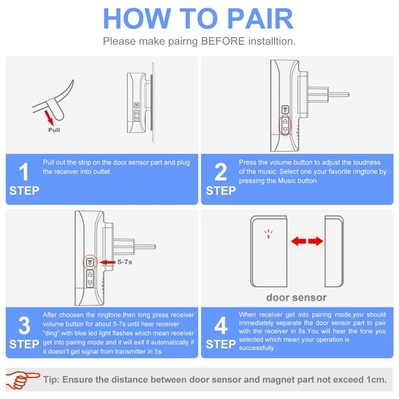 

Wireless Door Sensor Chime Alarm Contact Sensor Door Bell for Office/Home/Store,Door Open Chime Window Alarm- US Plug