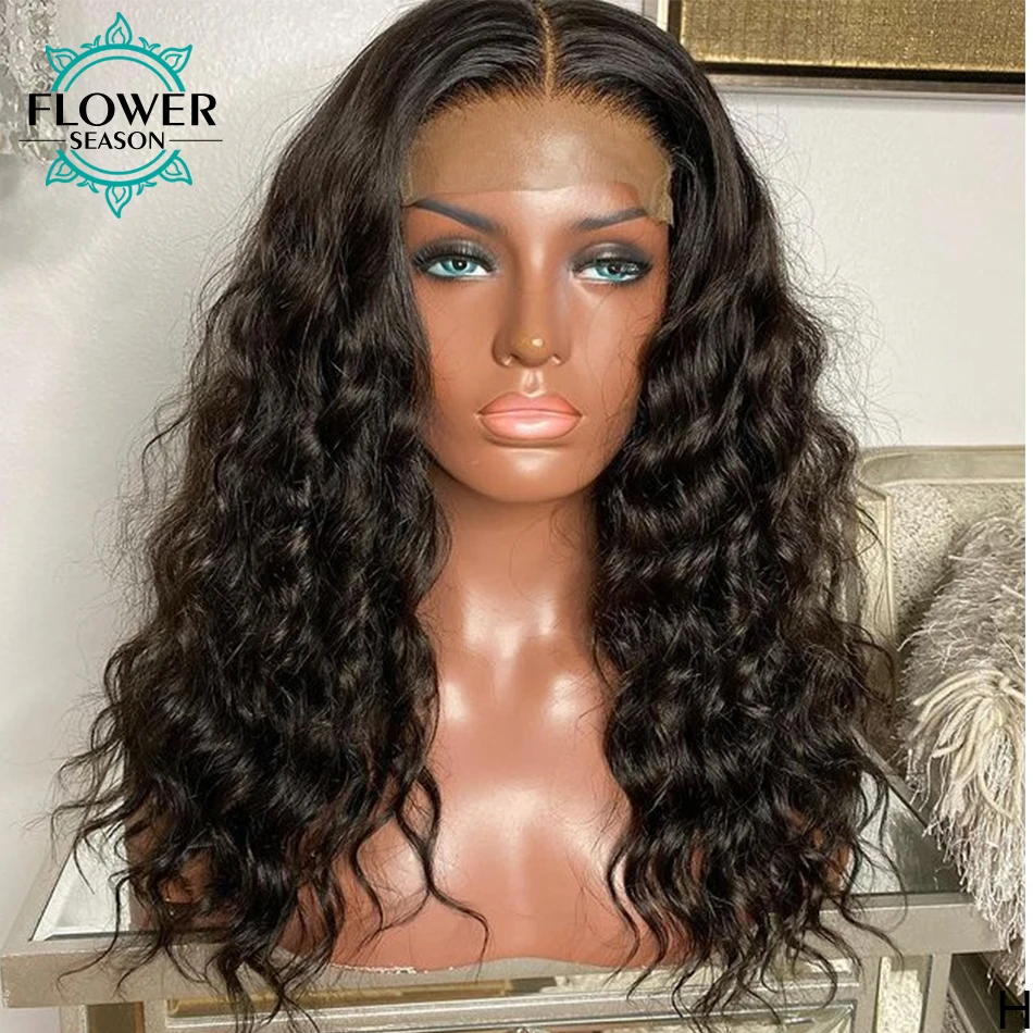 Water Wave Human Hair Wig 180Density 5x5 PU Scalp Top Lace Front Preplucked for Black Women wigs FlowerSeason | Шиньоны и парики