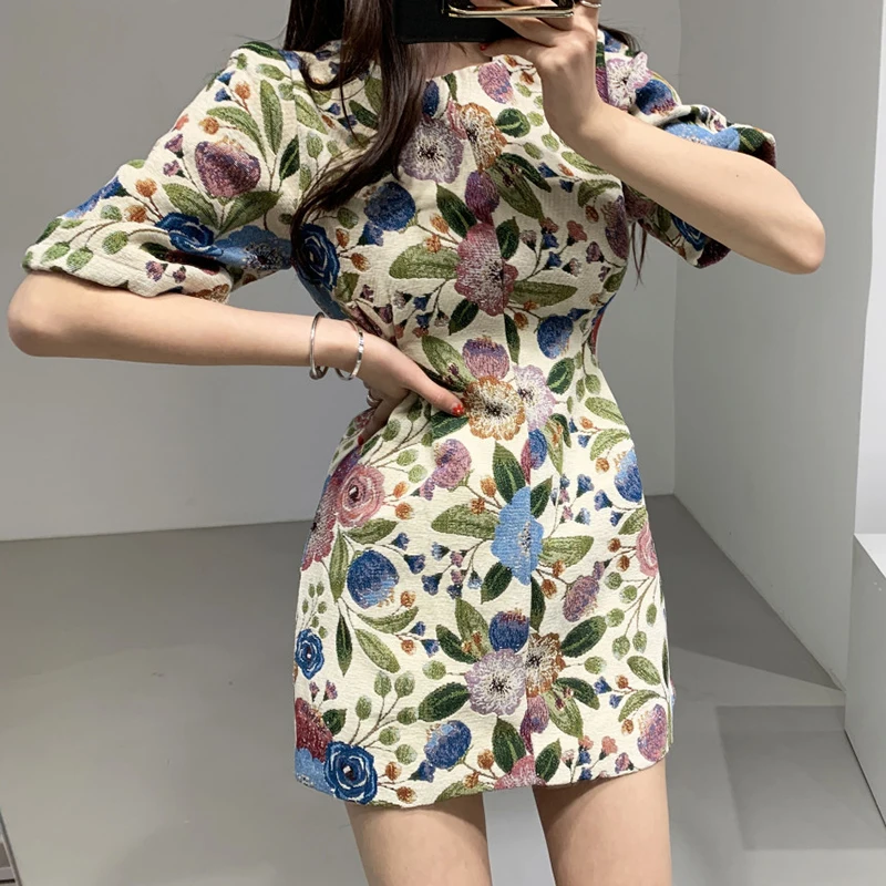 Женское льняное мини платье с коротким рукавом фонариком|Женские платья| |