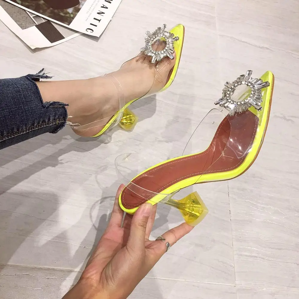 

2019 Yellow PVC Transparent Women Sandals Crystal Pointy Toe High Heels Shoes Woman Perspex Spike Heel Back Strap Pumps Sandals