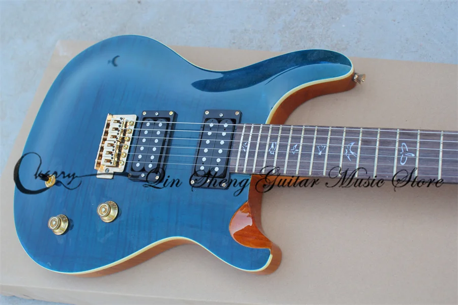 

Pre-customized Electric Guitar,RS guitar,mahogany body,gold bridge,blue flamed maple veneer,rosewood fingerboard birds inlay