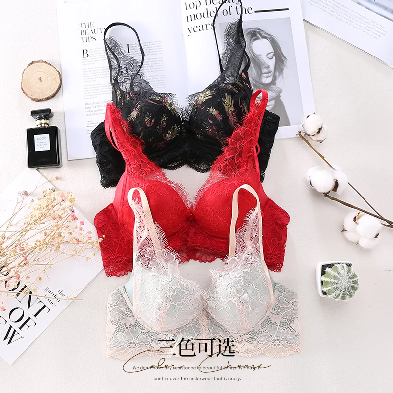 

New 4 Color Sexy Lace Green Underwear Wire Free Comfortable Soft Cup Bras for Women Deep V Padded Push Up Bra Brief Set Lingerie