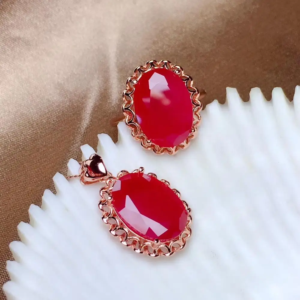 ruby set Очаровательное красное рубиновое синее или сапфировое кольцо из драгоценных камней и ожерелье с серебряными ювелирными изделиями хорошего кроя настоящий драгоценный камень большой размер подарок - Цвет камня: ruby set