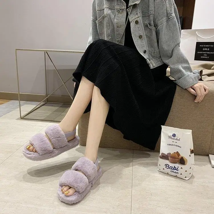 

Winter Back Strap Women Home Slippers Rabbit Fur Warm Shoes Woman Slip On Flats Slides Cute Plush Fluffy Lady Cotton Slippers