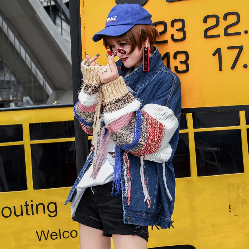 2019 модная новая Свободная трикотажная джинсовая куртка с кисточками Бесплатная