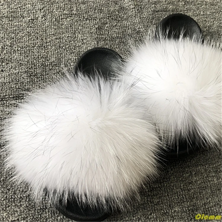 Шлепанцы с натуральным лисьим мехом большие размеры Летние пушистые шлепанцы