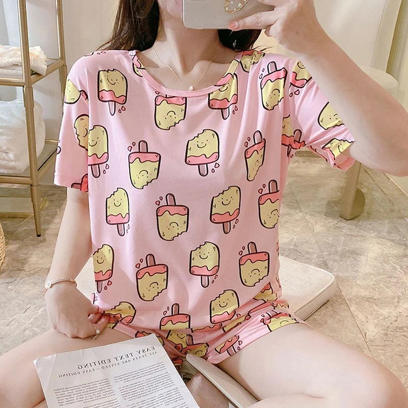 

Cute Print Summer Pajamas Set For Women Girls Lovely Short Sleeve LooseT-Shirts and Shorts Pjs Homewear Casual Sleepwear