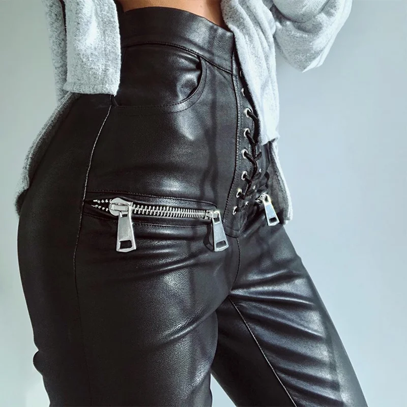 

XUXI Bandage zipper PU Splicing trousers, Women Slim Thin High waist, Elasticity Tight pants, Autumn Winter 2021, E3916