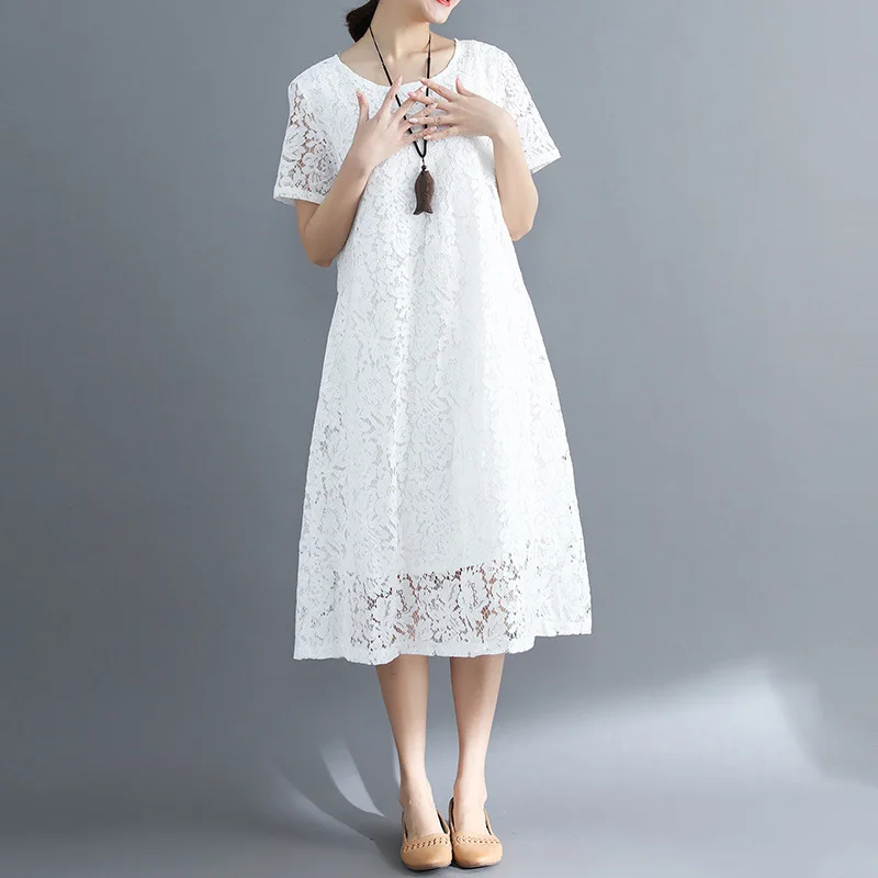 

Plus Size Hollow Out Dresses Loose Casual Plus Size Lace Short Sleeve Dress Summer Women O-Neck Long Dresses LJ3273