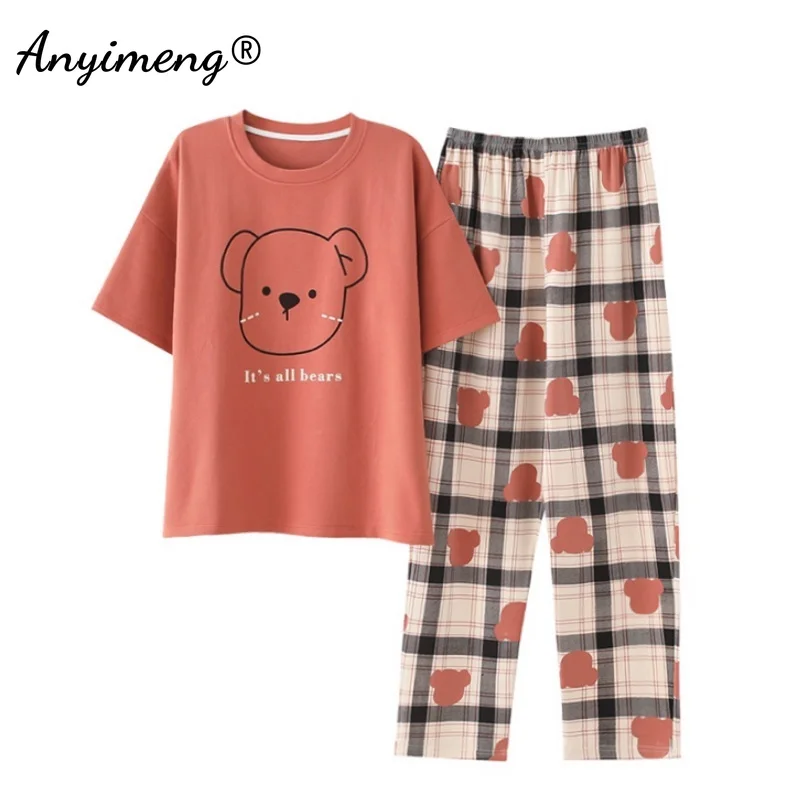 Pijama de algodón con estampado de dibujos animados para mujer, ropa de dormir de talla grande 3XL, 4XL, 5XL, moda de verano y primavera