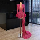 Блестящее короткое вечернее платье из фуксии с V-образным вырезом, женское платье со съемным шлейфом и перьями для вечеринки, арабское платье для вечеринки