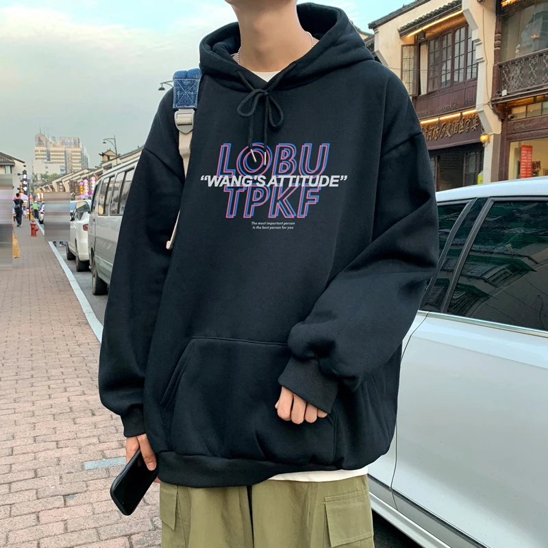 Autumn Men Hip Hop Oversize Pullover Hoodies Letter Graphic Print Streetwear Harajuku Casual Cotton Hooded Sweatshirts