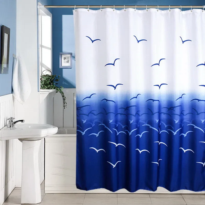 

Thickened Ocean and Blue Sky Pattern Shower Curtain Nordic Waterproof Mildew Free Perforated Bathroom Partition Curtain