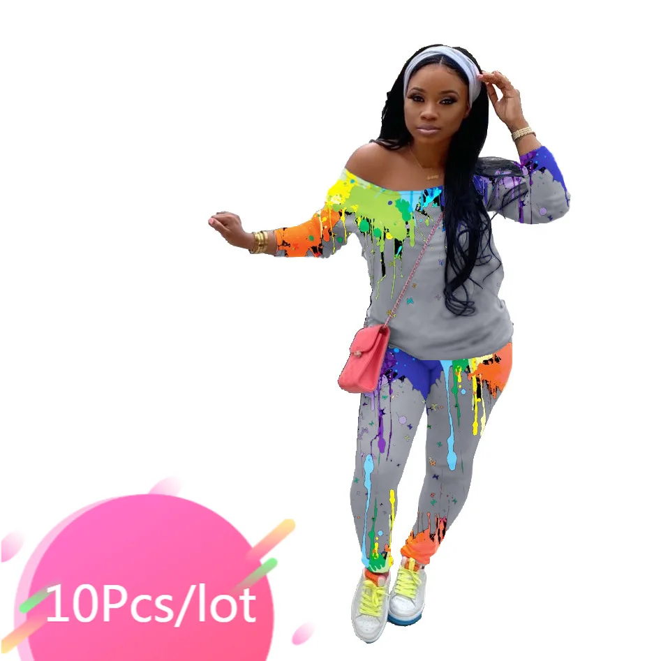 

Bulk Item Wholesale Lots Fall Pant Sets Women Tie Dye Off Shoulder Top Long Pants Sexy Plus Size 2 Piece Tracksuits Matching Set