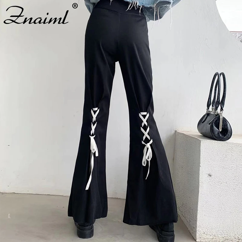 

Znaiml Harajuku Back Bandage Pants Women Split Wide Leg Pants Empire Waist Ladies Street Casual Trousers Adjacent Y2K Pants