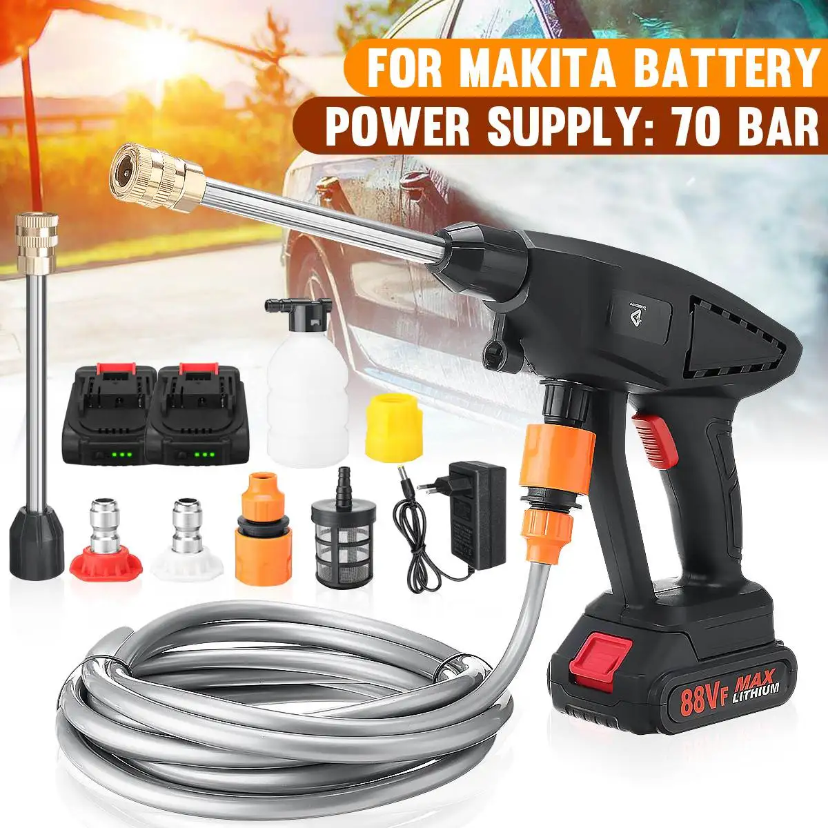 70Bar 2000W Wireless High Pressure Car Washer Spray Water Gun Rechargeable Electric Cleaning Foam Machine for Makita 18V Battery
70Bar 2000W Wireless High Pressure Car Washer Spray Water Gun Rechargeable Electric Cleaning Foam Machine for Makita 18V Battery