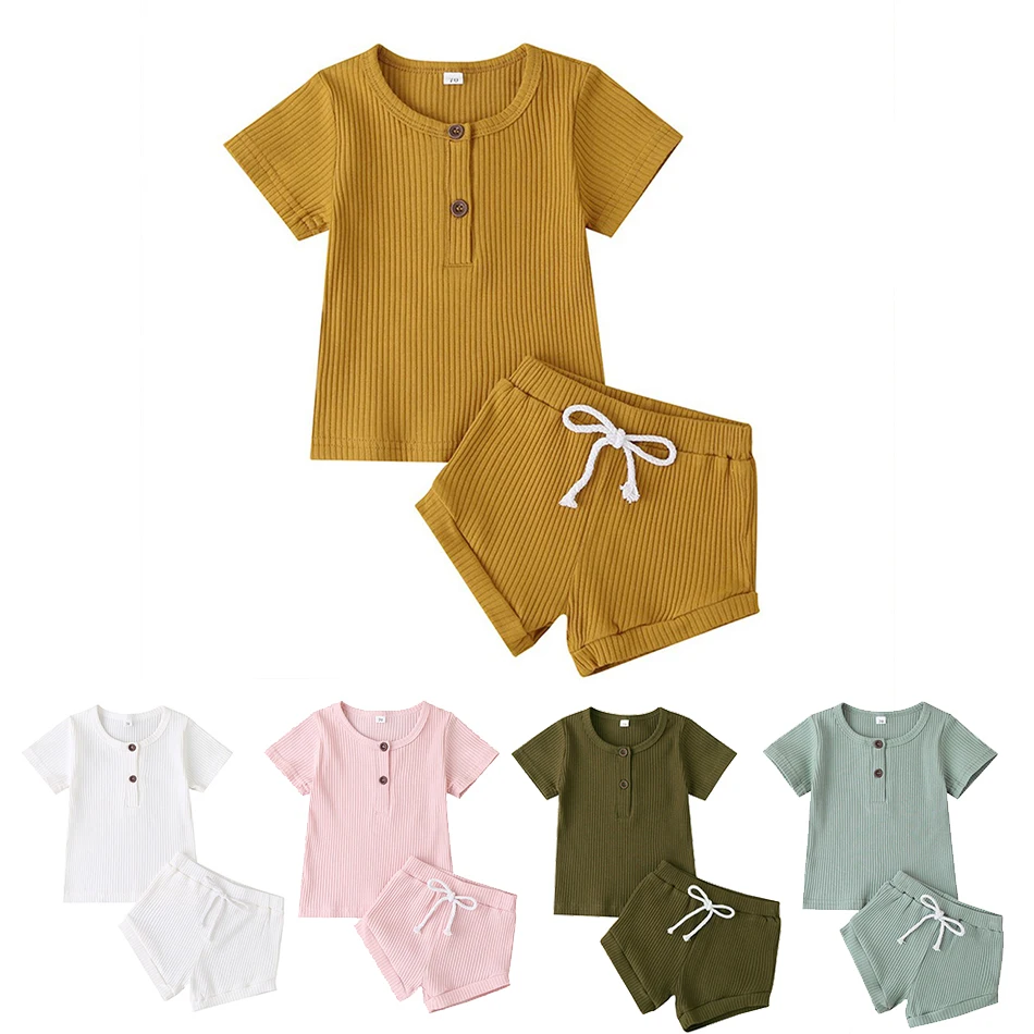 

Baby Summer Clothing Set Newborn Baby Girl Outfit Unisex Knitted Short Sleeve T Shirt and Shorts 2 Packs Set Infant Girl Clothes