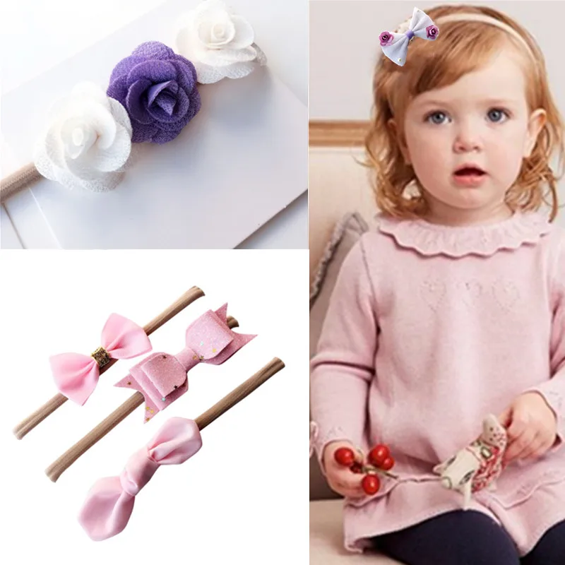 

3PCS/Set Fashion Bowknot Children Baby Flowers Rabbit Ears Nylon Hair Accessories Suit Hair Band