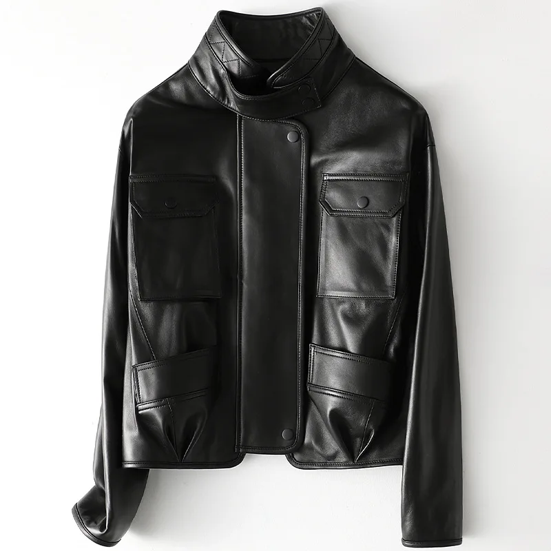 Women's Stand Collar Black High Quality Sheepskin Jacket Loose Medium Length Spring 2021 New Real Leather Coat with Pockets