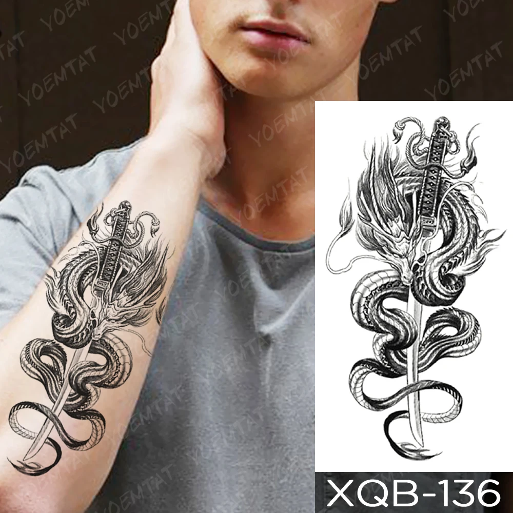 

Dragon Temporary Tattoo Sticker Katana Dagger Arm Black Fake Tatu Arm Shoulder Leg Neck Men Women Body Art Glitter Tato Kids