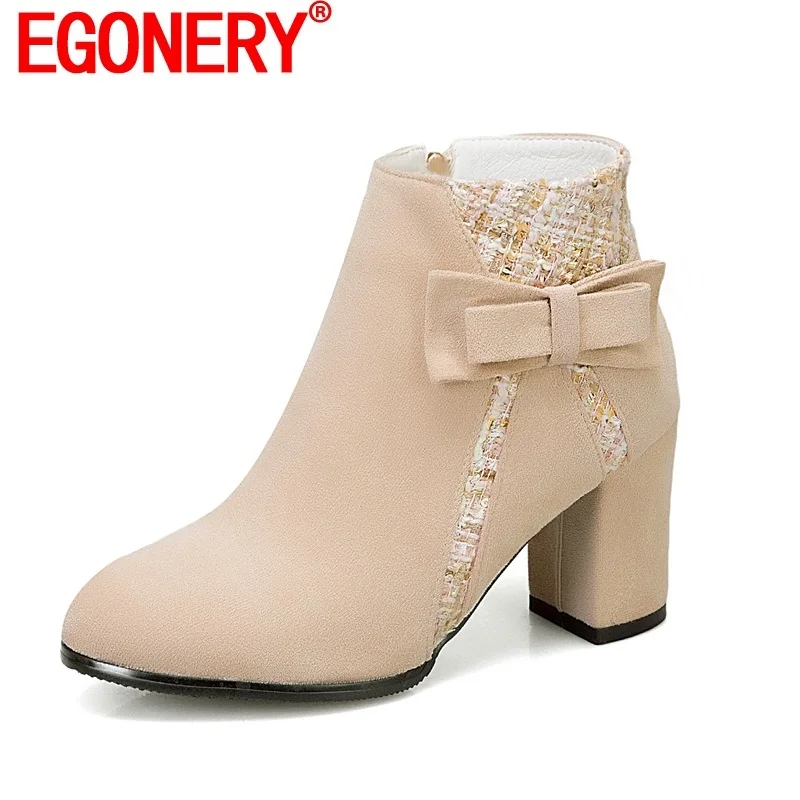 

EGONERY Ankle Boots Women High Heels Side Zipper Autumn New Style Bowties Booties Ladies Round Toe Mixed Color Winter High Heels