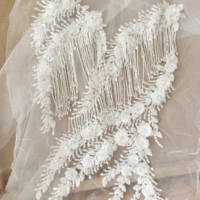3d flower beaded tulle lace applique in ivory tassel fringe couture dress gown bodice panel prom dress lace patch