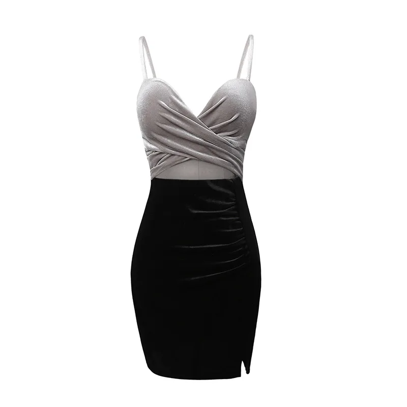 

Sexy Spaghetti Strap Deep V Neck Mini Black Velour Dresses Women Cut Out Short Velour Dress Femme Sleeve Short Black Party Dress