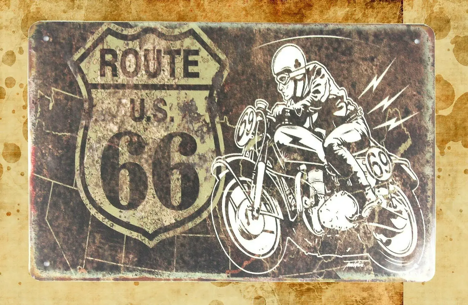 

kitchen wall man cave route 66 motorcycle tin metal sign