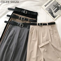 spring gray pants woman with belt high waist elegant straight leg pants office lady business chic baggy trousers woman clothes