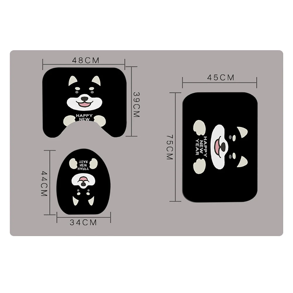 

Cute Cartoon Print Shower Curtain Bathroom Set 4 Piece Carpet Cover Toilet Cover Bath Mat Pad Home Decor, 3 Size