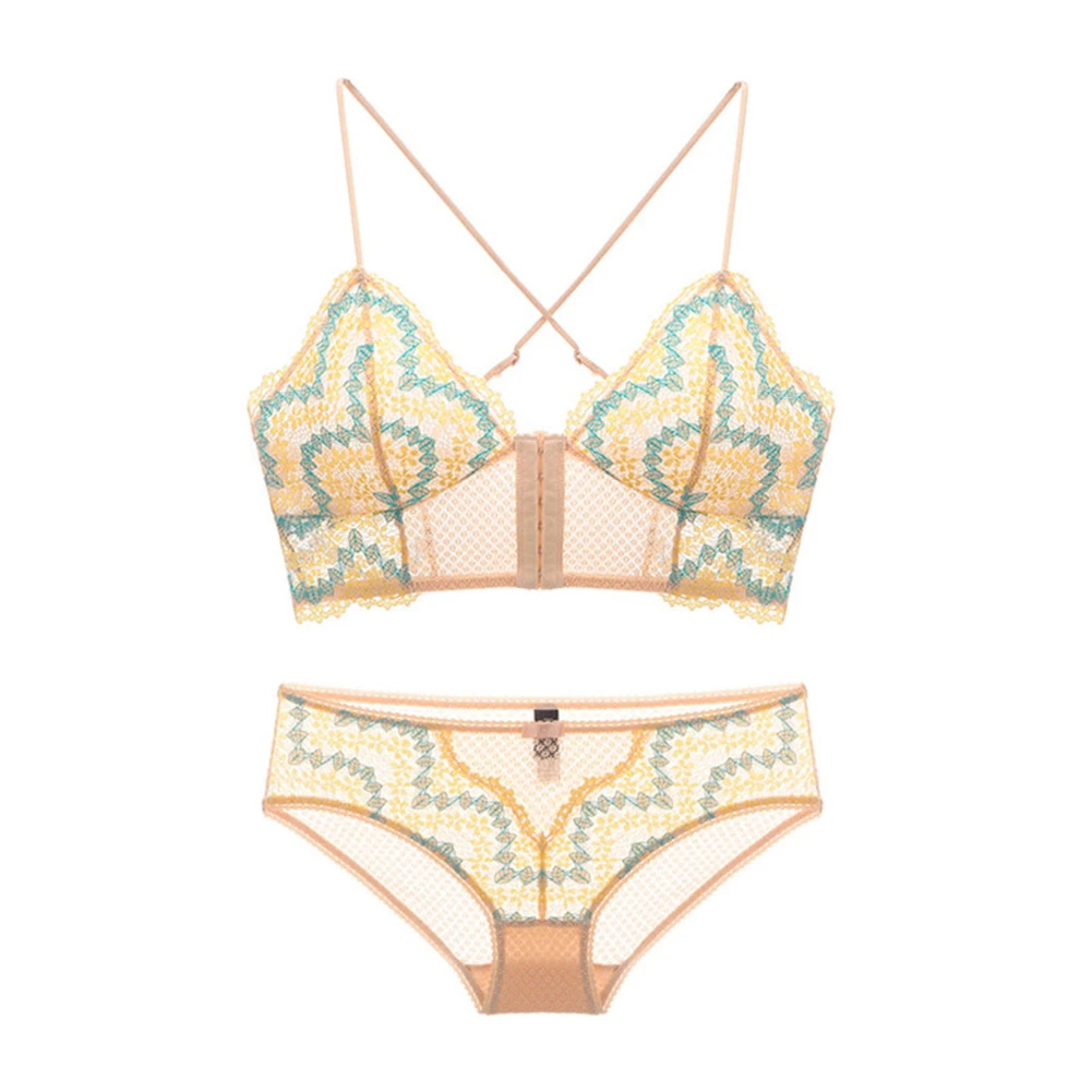 Exquisite embroidered wirefree vest style bra with front buckle sexy lace underwear cross strap halter beautiful back bra