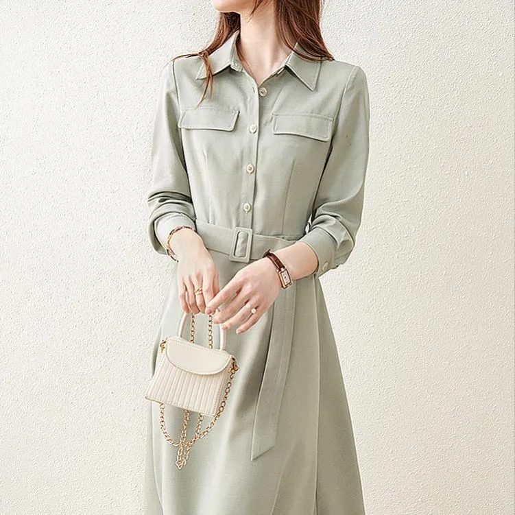 

Spring 2021 new gentle workplace model lapel neck waist A-word dress girl dress for women plus size plus size ruched dress