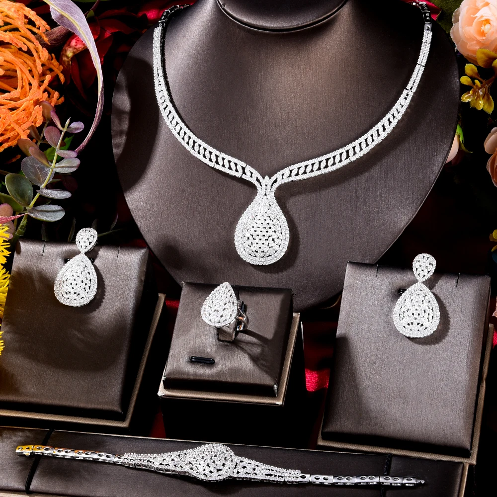 

missvikki New HOT Vintage Engraving Hollow 4PCS Necklace Bangle Earrings Ring Jewelry Set for Women Bridal Wedding Jewelry Set