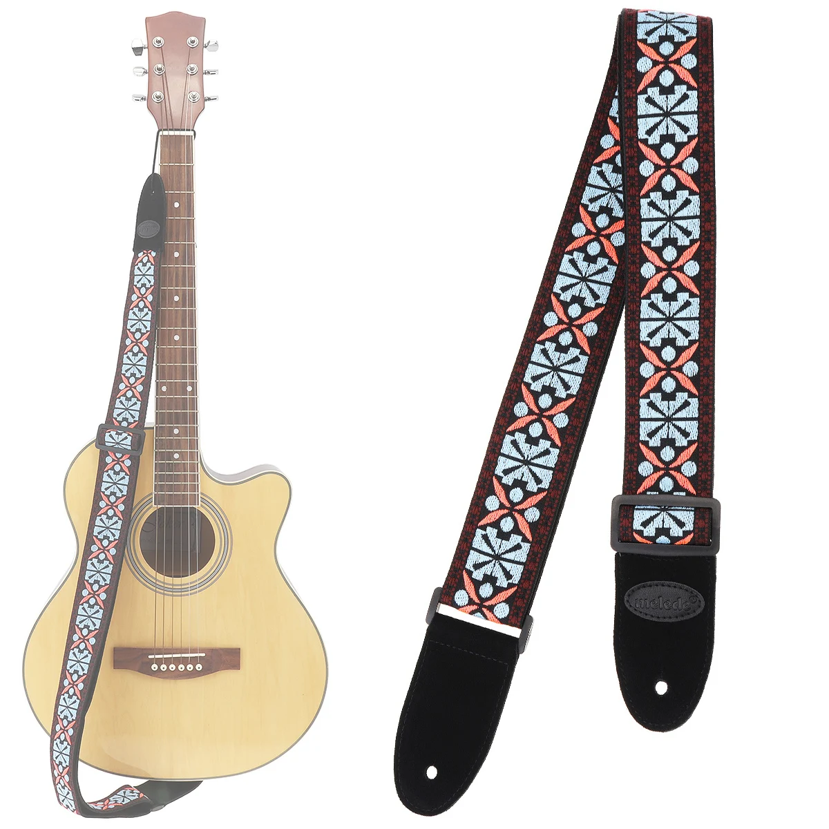 

Jacquard Weave Double Fabric Guitar Strap Flowers Pattern Genuine Leather Cow Suede Ends with for Acoustic Electric Guitars