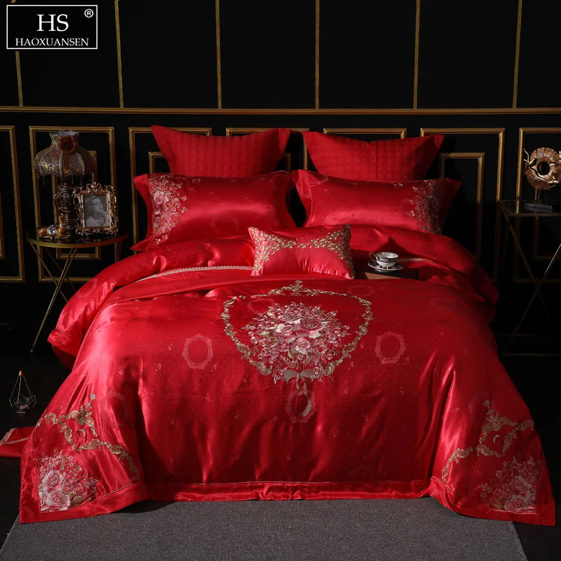 

Jacquard 4/6/7Pcs Bedding Sets Hand Tied Bouquet Quilt Cover Bed Sheet Pillowcase Cushion Cover Bedspread Red Cotton Polyeste
