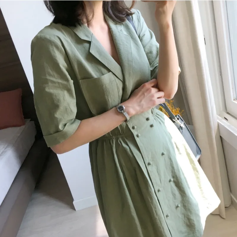 

Korean Chic Summer Retro French Double Breasted Suit Lapel Slimming Temperament Short Sleeve Small Size Dress Women