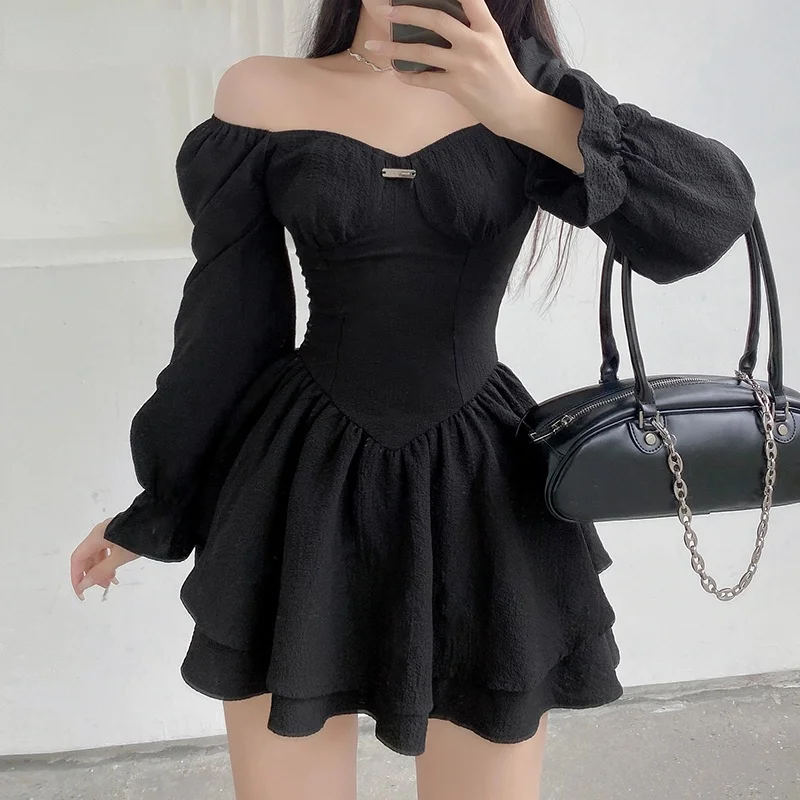 Sexy Slim Solid Square Neck Puff Sleeve Mini Dress A-line Dress Ladies Elegant Fashion Ladies Short Skirt