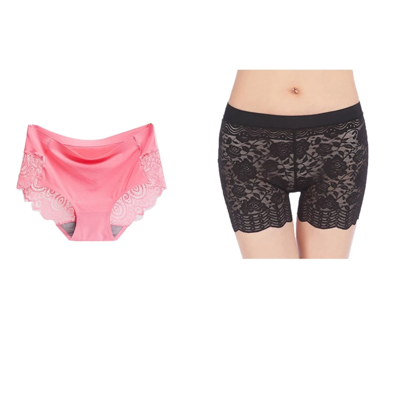 

1 Pcs Ice Silk Seamless Breathable Mid-Waist Briefs Watermelon Red M & 1 Pcs Hollow Waist Three-Point Leggings Black