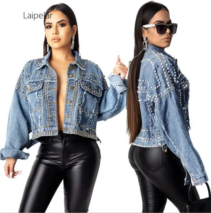 

Laipelar Autumn Rivet Jeans Jacket Women Long Sleeve Denim Jacket Sreetawear Short Coat Casual Outerwear Turn-Down Collar Femal