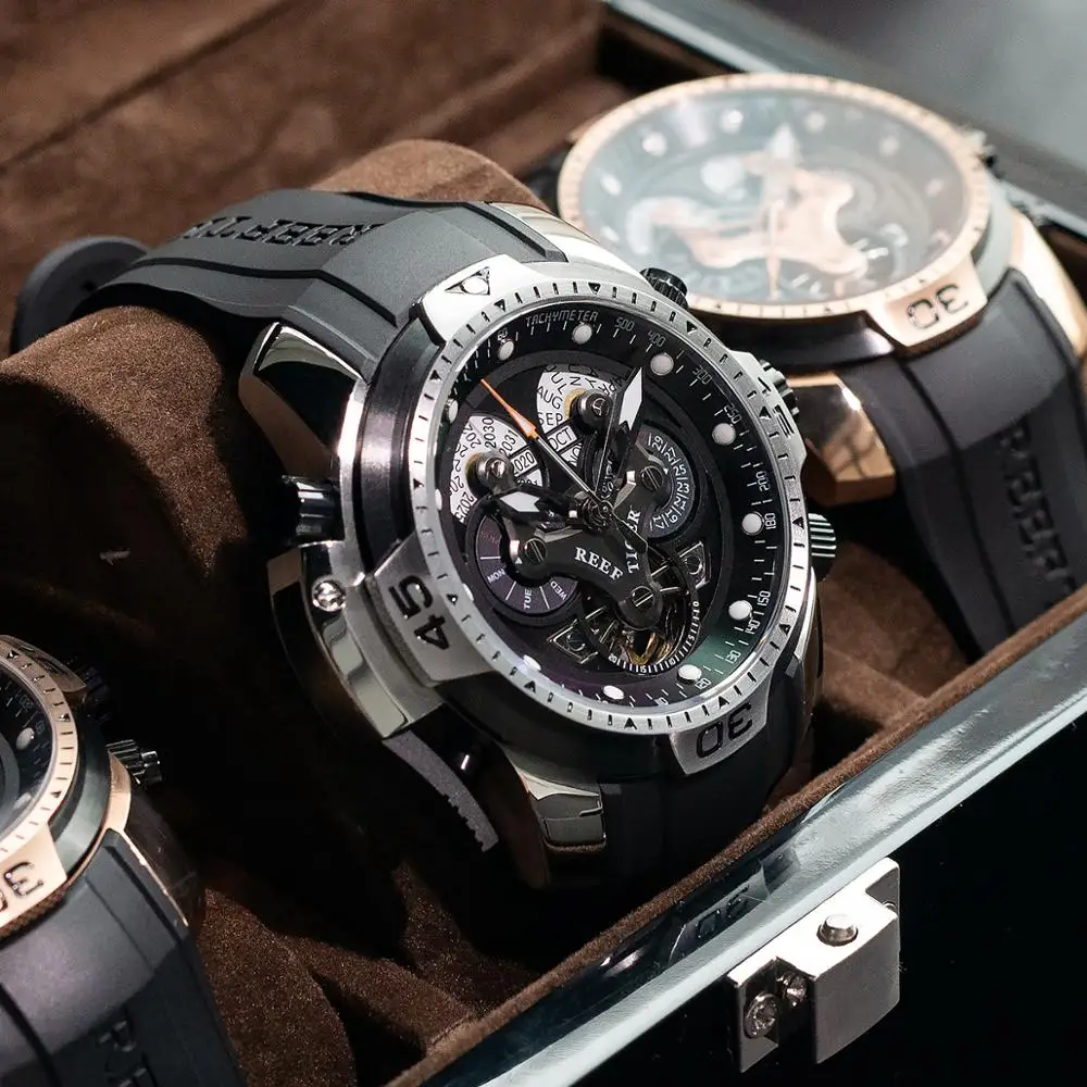 Мужские военные часы Reef Tiger/RT с календарём на год месяце неделю стальным сложным