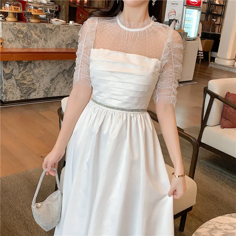 

Summer Dress Woman Milk White High Waist Mesh Patchwork Long Dress Women Short Sleeve Organza Elegant Party Dresses Vestidos